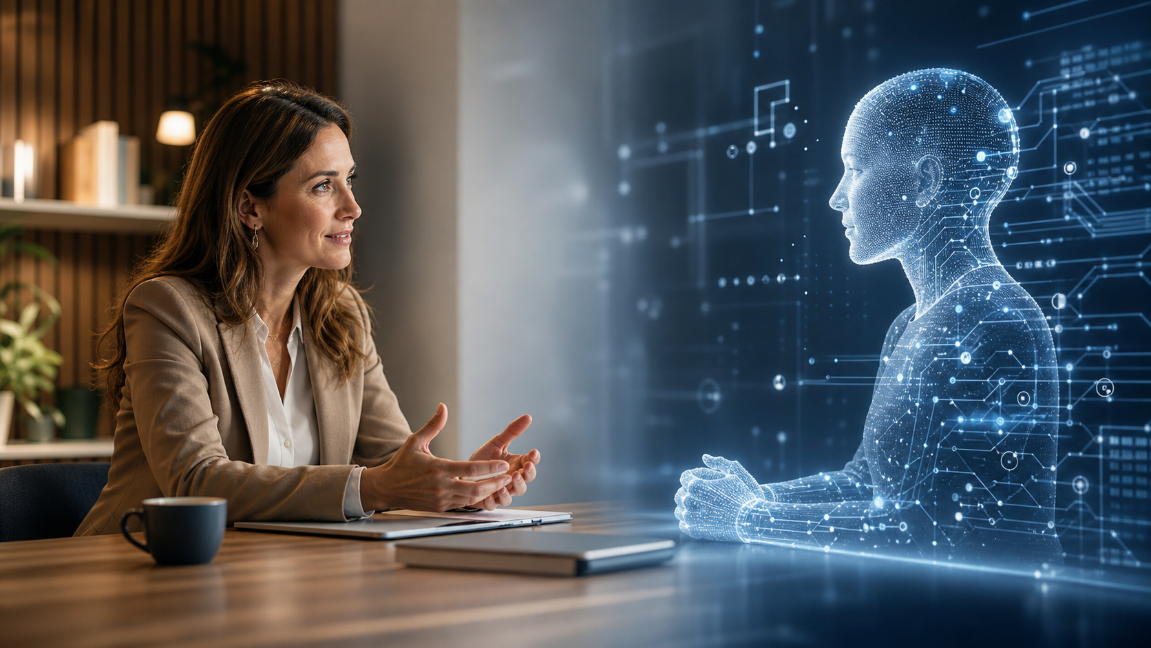 Split illustration of a human coach in a warm conversation versus a digital AI coaching interface, representing the difference between human and AI coaching in executive development.