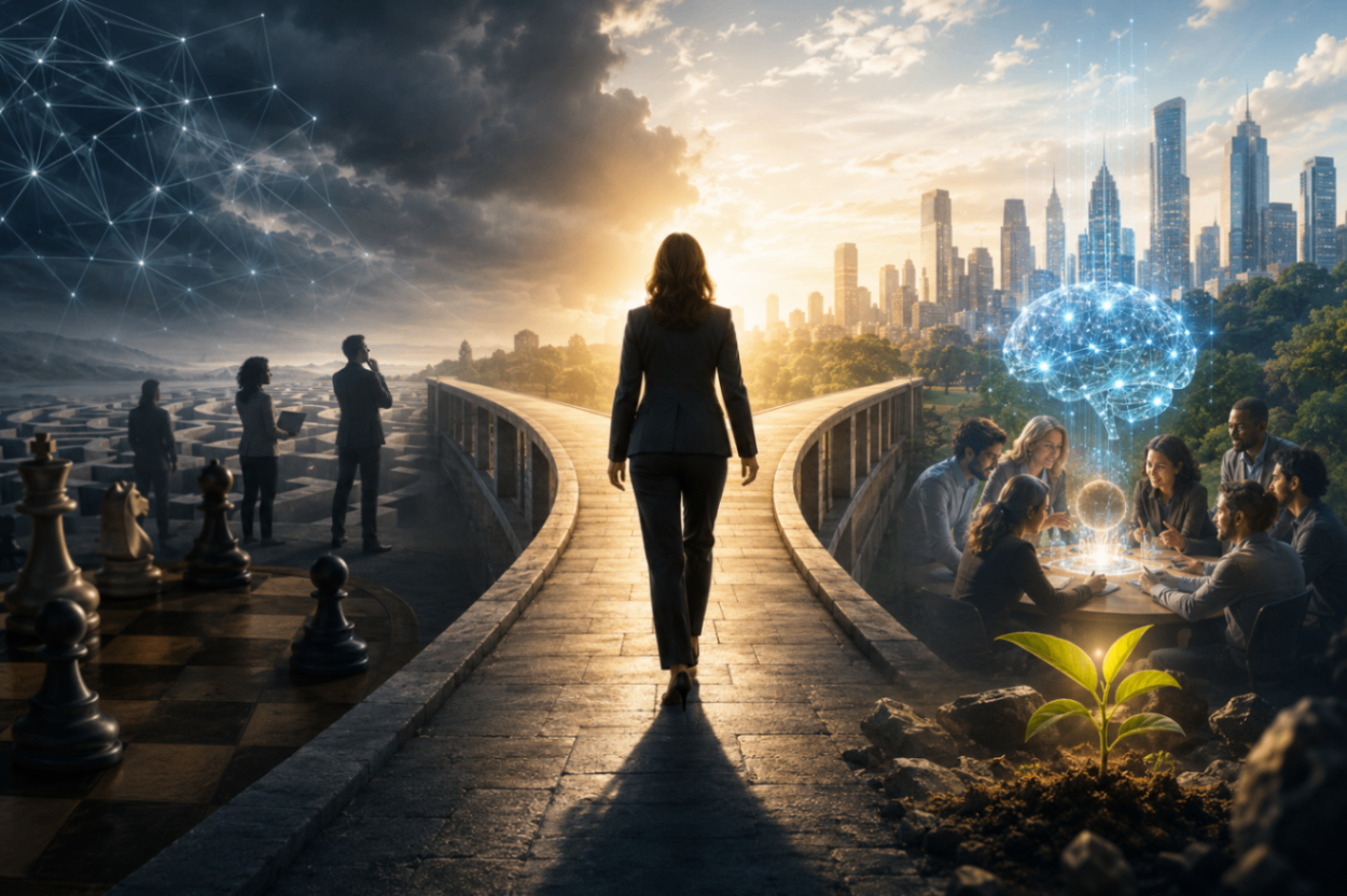 A business leader walks confidently down a bridge toward a bright future, leaving behind a dark landscape of uncertainty and complexity. To one side are a chessboard and maze symbolizing strategic challenges; to the other, a collaborative team works alongside an AI-powered digital brain overlooking a modern city, representing innovation, human leadership, and responsible AI transformation.