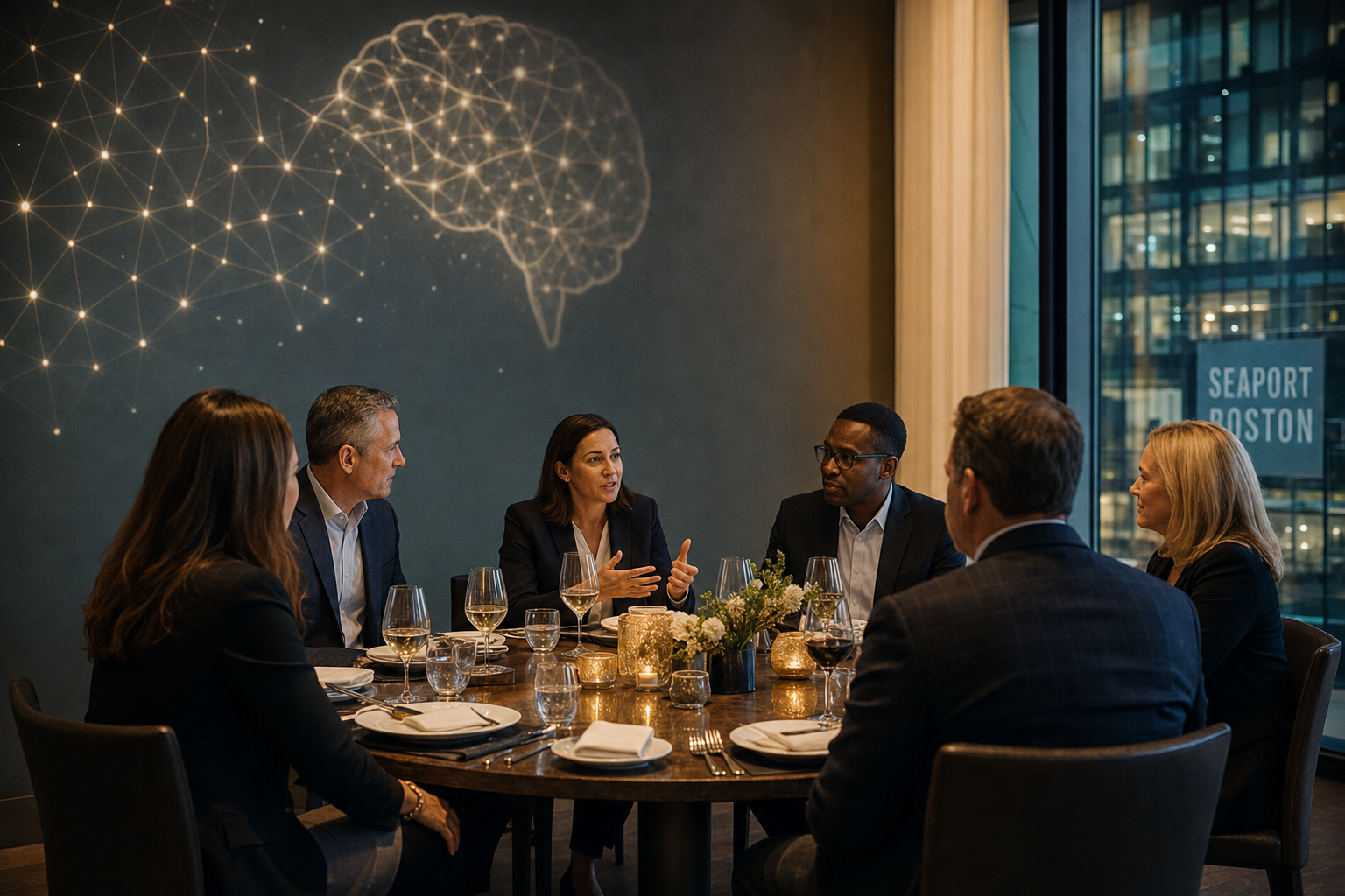 Senior HR leaders discussing AI executive coaching at a roundtable lunch in Boston's Seaport District